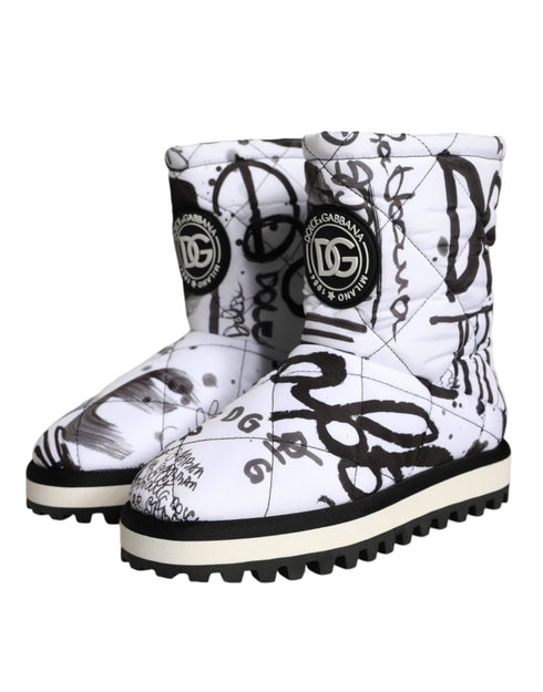 Dolce & Gabbana Mid Calf Boots White Padded Logo Print Winter Snow Shoes for Women’s
