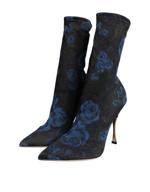 Dolce & Gabbana Floral Stretch Mid Calf Boots in Black and Blue for Women