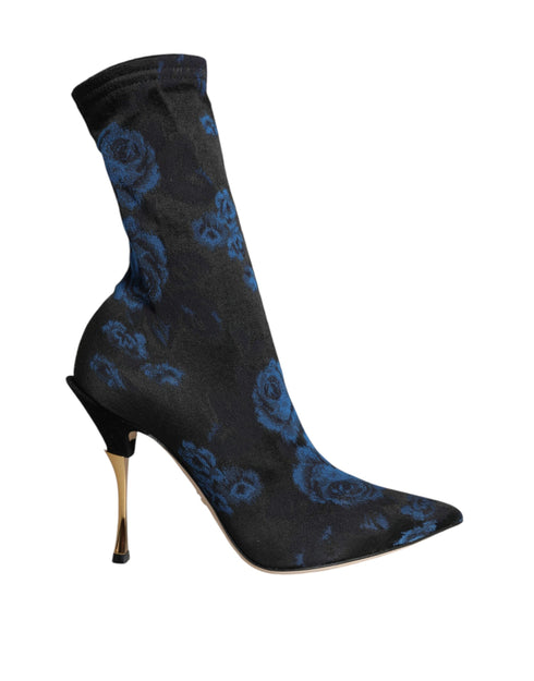 Dolce & Gabbana Floral Stretch Mid Calf Boots in Black and Blue for Women