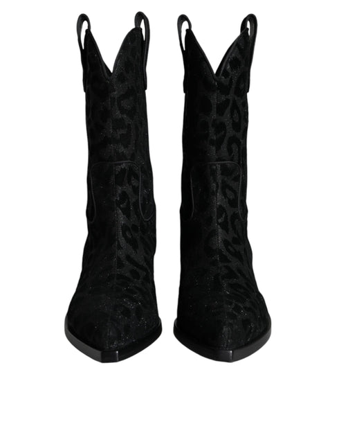 Dolce & Gabbana Leopard Cowboy Boots | Women’s Black & Gray Mid-Calf Western Boots