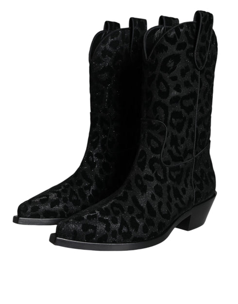 Dolce & Gabbana Leopard Cowboy Boots | Women’s Black & Gray Mid-Calf Western Boots