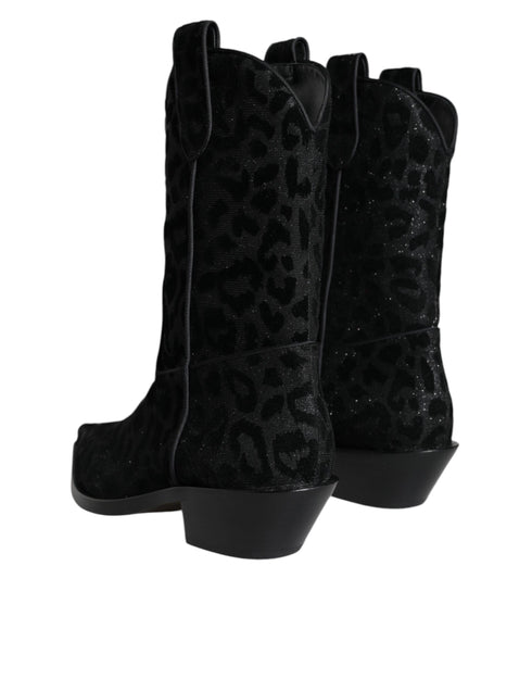 Dolce & Gabbana Leopard Cowboy Boots | Women’s Black & Gray Mid-Calf Western Boots