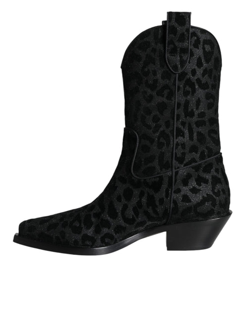 Dolce & Gabbana Leopard Cowboy Boots | Women’s Black & Gray Mid-Calf Western Boots