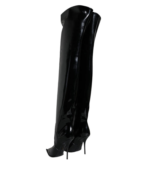 Dolce & Gabbana Knee High Boots Black Patent Leather Stiletto for Women