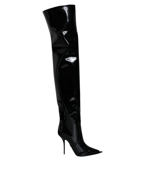 Dolce & Gabbana Knee High Boots Black Patent Leather Stiletto for Women