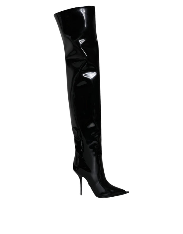 Dolce & Gabbana Knee High Boots Black Patent Leather Stiletto for Women