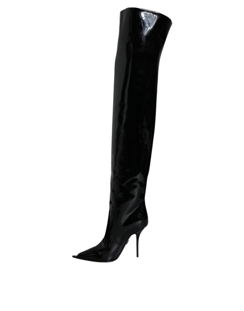 Dolce & Gabbana Knee High Boots Black Patent Leather Stiletto for Women