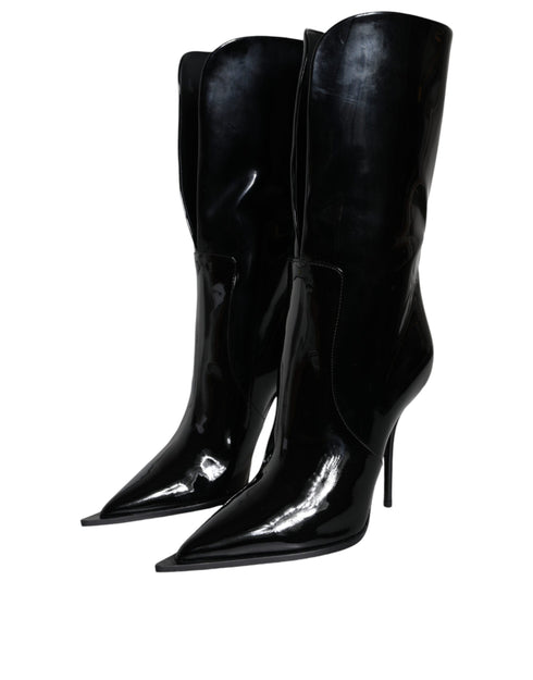 Dolce & Gabbana Women’s Black Patent Leather Mid-Calf Stiletto Boots Shoes