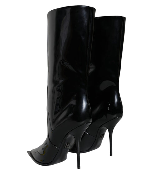 Dolce & Gabbana Women’s Black Patent Leather Mid-Calf Stiletto Boots Shoes