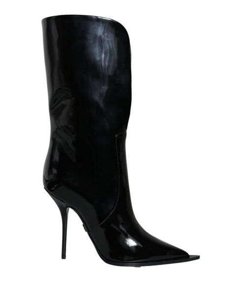 Dolce & Gabbana Women’s Black Patent Leather Mid-Calf Stiletto Boots Shoes