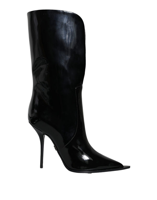 Dolce & Gabbana Women’s Black Patent Leather Mid-Calf Stiletto Boots Shoes