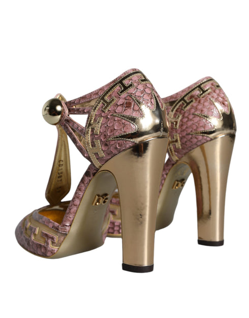 Dolce & Gabbana T-Strap Pumps Pink Gold Python Leather High Heels for Women