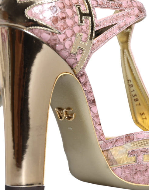 Dolce & Gabbana T-Strap Pumps Pink Gold Python Leather High Heels for Women