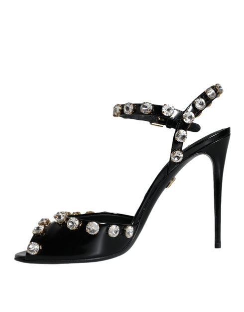 Dolce & Gabbana Black Leather Crystal Ankle Strap Sandals Heels – Women’s