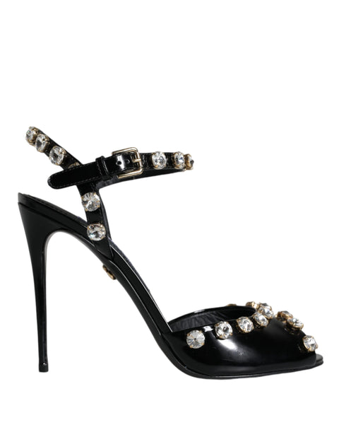 Dolce & Gabbana Black Leather Crystal Ankle Strap Sandals Heels – Women’s