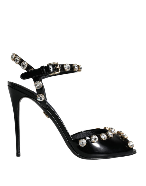 Dolce & Gabbana Black Leather Crystal Ankle Strap Sandals Heels – Women’s