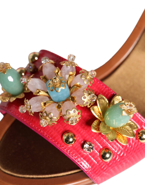 Dolce & Gabbana Pink Fuchsia Keira Embellished Leather Heels Sandals for Women