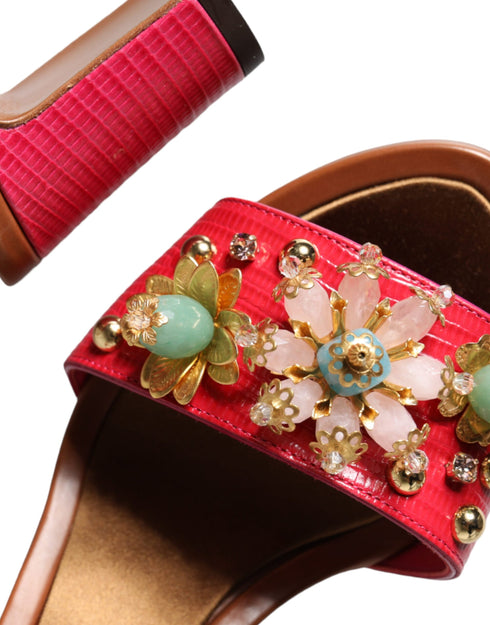 Dolce & Gabbana Pink Fuchsia Keira Embellished Leather Heels Sandals for Women