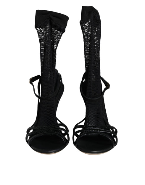 Dolce & Gabbana Black Mesh Leather Stiletto Heels Sandals for Women