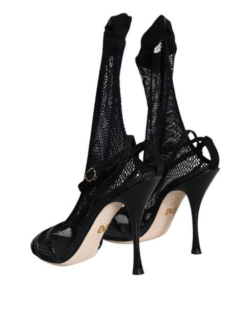 Dolce & Gabbana Black Mesh Leather Stiletto Heels Sandals for Women