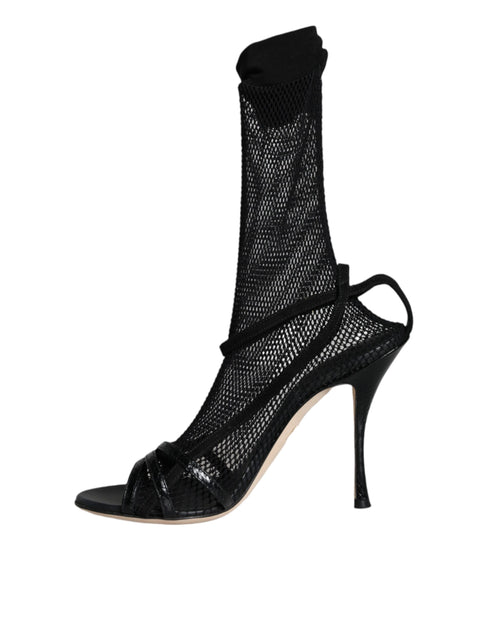 Dolce & Gabbana Black Mesh Leather Stiletto Heels Sandals for Women