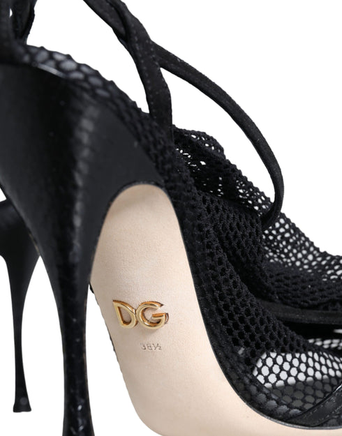 Dolce & Gabbana Black Mesh Leather Stiletto Heels Sandals for Women