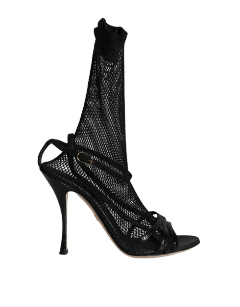 Dolce & Gabbana Black Mesh Leather Stiletto Heels Sandals for Women