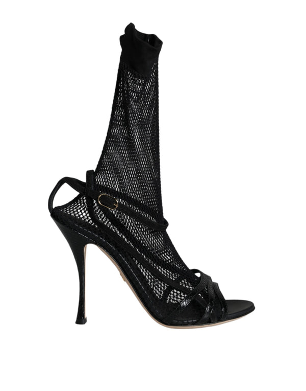 Dolce & Gabbana Black Mesh Leather Stiletto Heels Sandals for Women