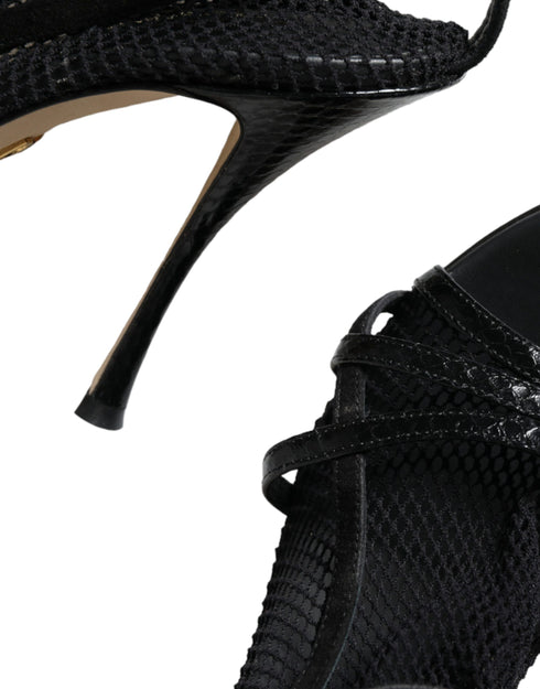 Dolce & Gabbana Black Mesh Leather Stiletto Heels Sandals for Women
