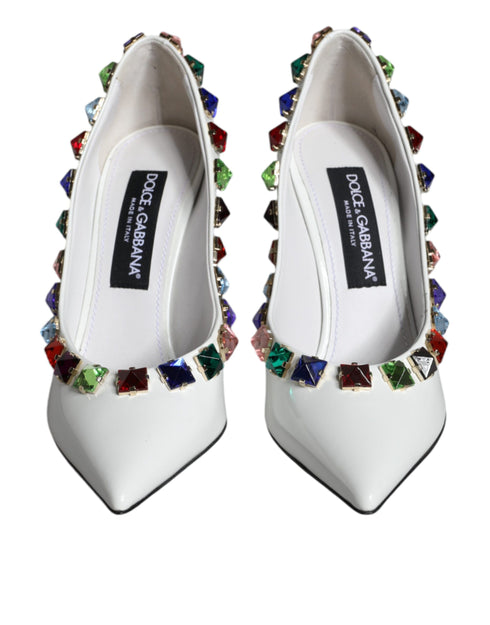 Dolce & Gabbana White Leather High Heels – Women's Crystal Embellished Pumps