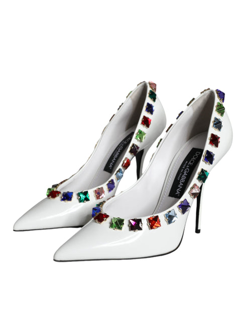 Dolce & Gabbana White Leather High Heels – Women's Crystal Embellished Pumps