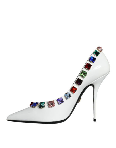 Dolce & Gabbana White Leather High Heels – Women's Crystal Embellished Pumps