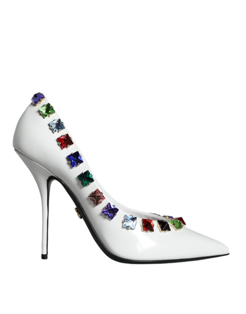 Dolce & Gabbana White Leather High Heels – Women's Crystal Embellished Pumps