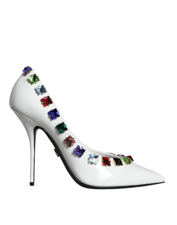 Dolce & Gabbana White Leather High Heels – Women's Crystal Embellished Pumps