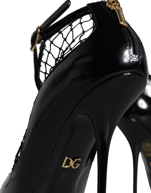 Dolce & Gabbana Mesh Pointed Toe High Heel Pumps Black Patent Leather Women’s Shoes