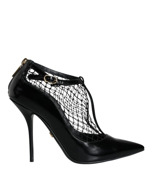 Dolce & Gabbana Mesh Pointed Toe High Heel Pumps Black Patent Leather Women’s Shoes