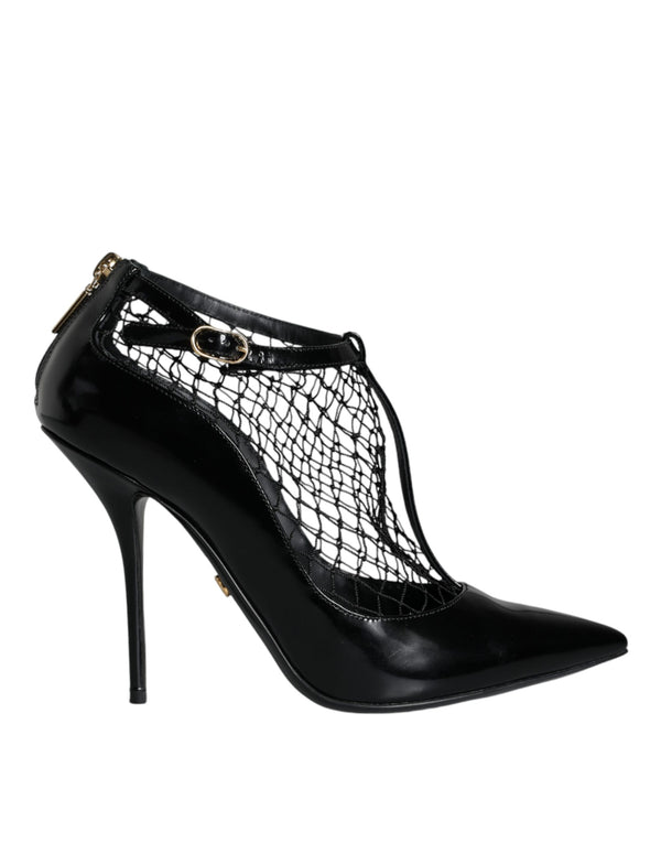 Dolce & Gabbana Mesh Pointed Toe High Heel Pumps Black Patent Leather Women’s Shoes