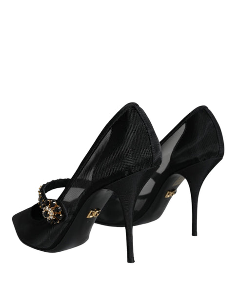 Dolce & Gabbana Mary Jane Crystal Mesh Pumps Black Nylon Women’s Heels