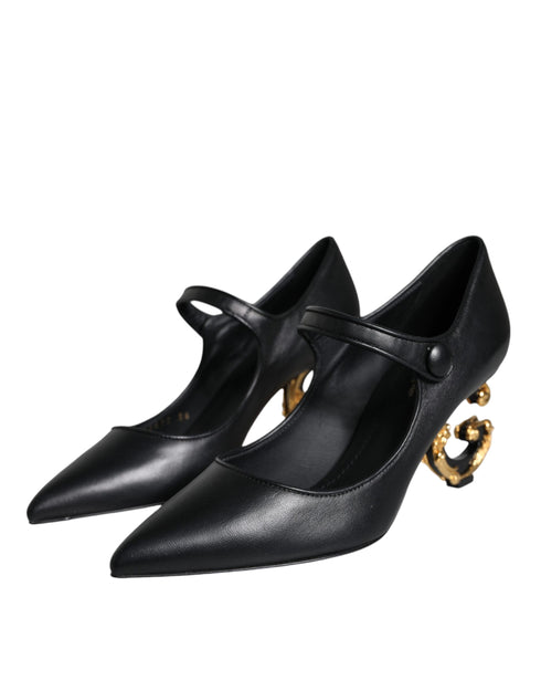 Dolce & Gabbana Black Leather Mary Jane Pumps with Gold DG Logo Heel – Women’s Heels