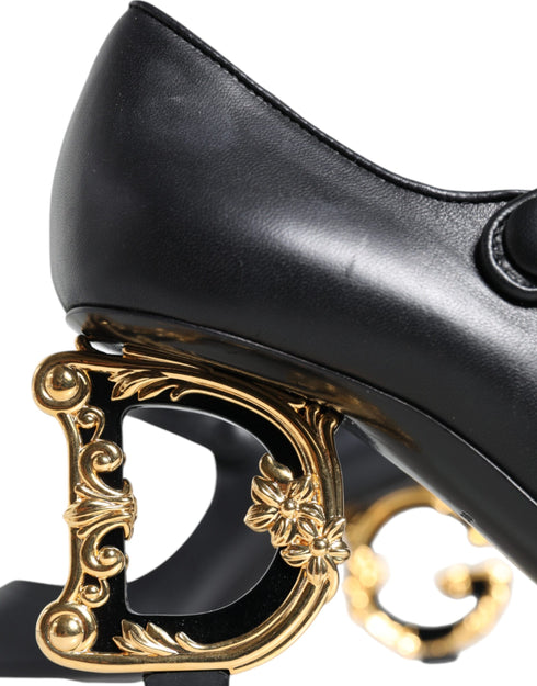 Dolce & Gabbana Black Leather Mary Jane Pumps with Gold DG Logo Heel – Women’s Heels