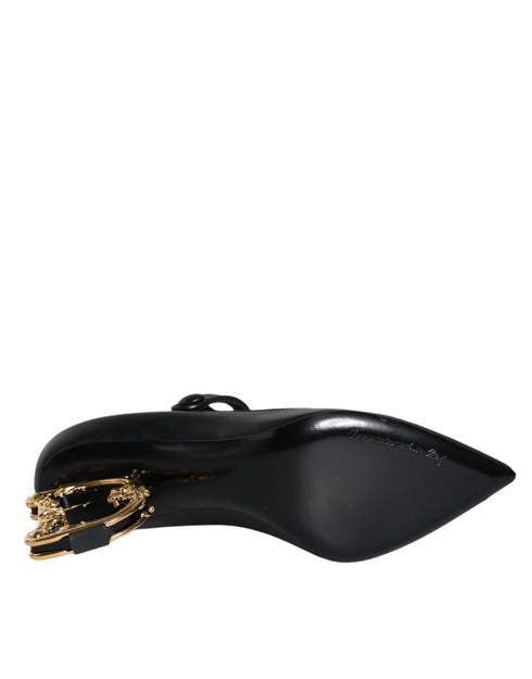 Dolce & Gabbana Black Leather Mary Jane Pumps with Gold DG Logo Heel – Women’s Heels