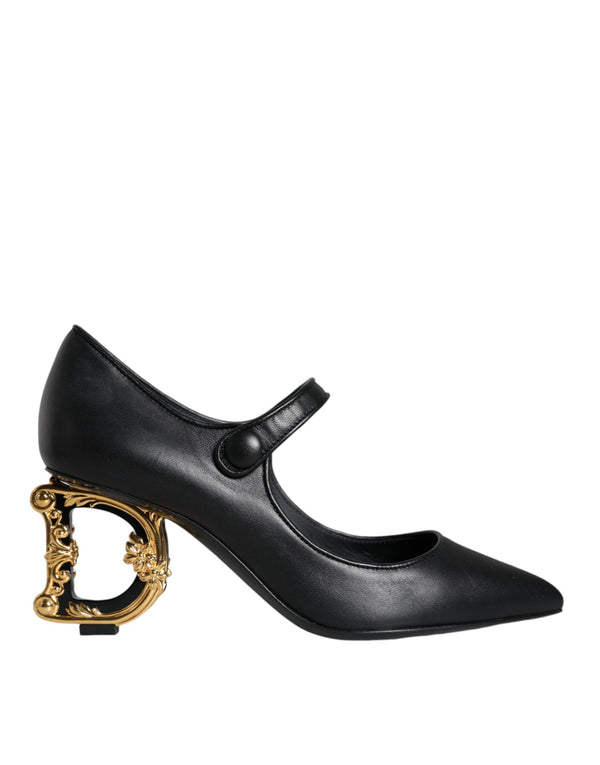 Dolce & Gabbana Black Leather Mary Jane Pumps with Gold DG Logo Heel – Women’s Heels
