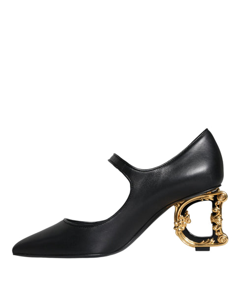 Dolce & Gabbana Black Leather Mary Jane Pumps with Gold DG Logo Heel – Women’s Heels