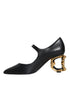 Dolce & Gabbana Black Leather Mary Jane Pumps with Gold DG Logo Heel – Women’s Heels