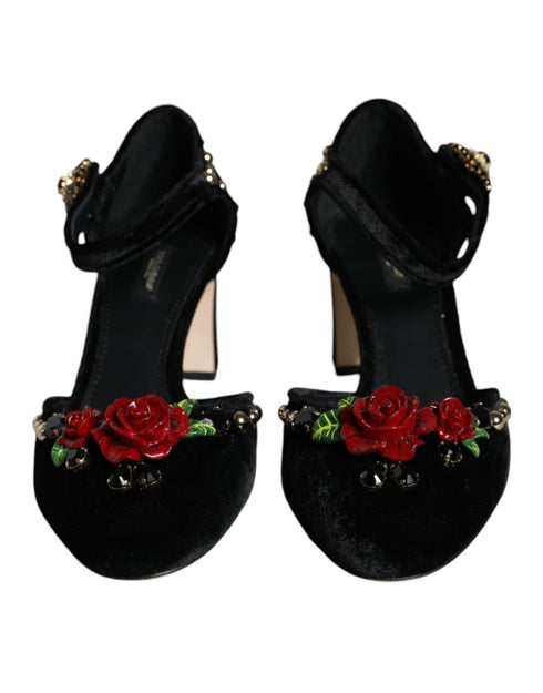 Dolce & Gabbana Women's Black Velvet Roses Ankle Strap Heels Pumps