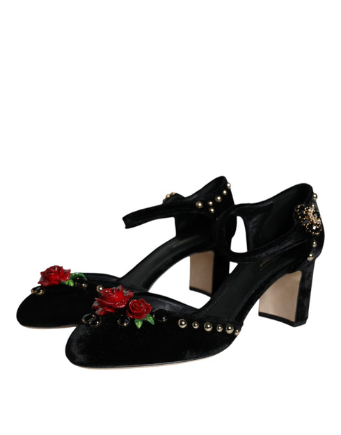Dolce & Gabbana Women's Black Velvet Roses Ankle Strap Heels Pumps