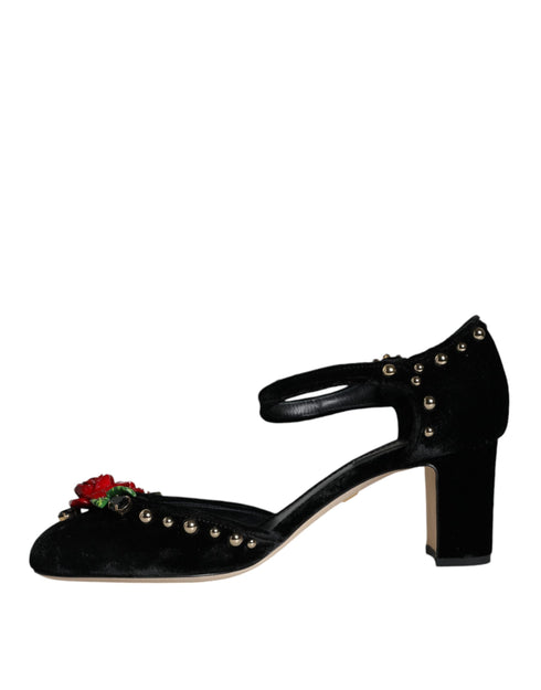 Dolce & Gabbana Women's Black Velvet Roses Ankle Strap Heels Pumps