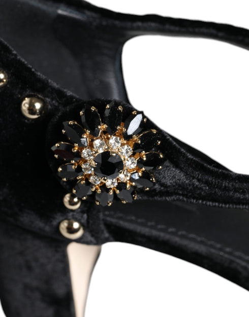 Dolce & Gabbana Women's Black Velvet Roses Ankle Strap Heels Pumps