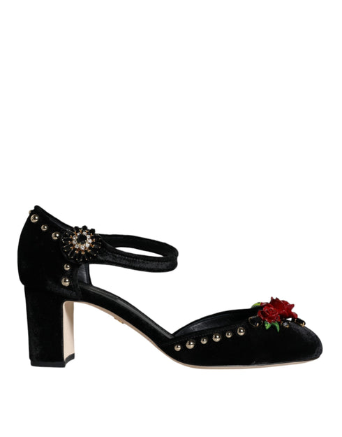 Dolce & Gabbana Women's Black Velvet Roses Ankle Strap Heels Pumps