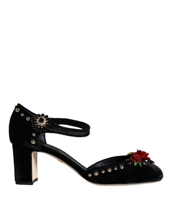 Dolce & Gabbana Women's Black Velvet Roses Ankle Strap Heels Pumps